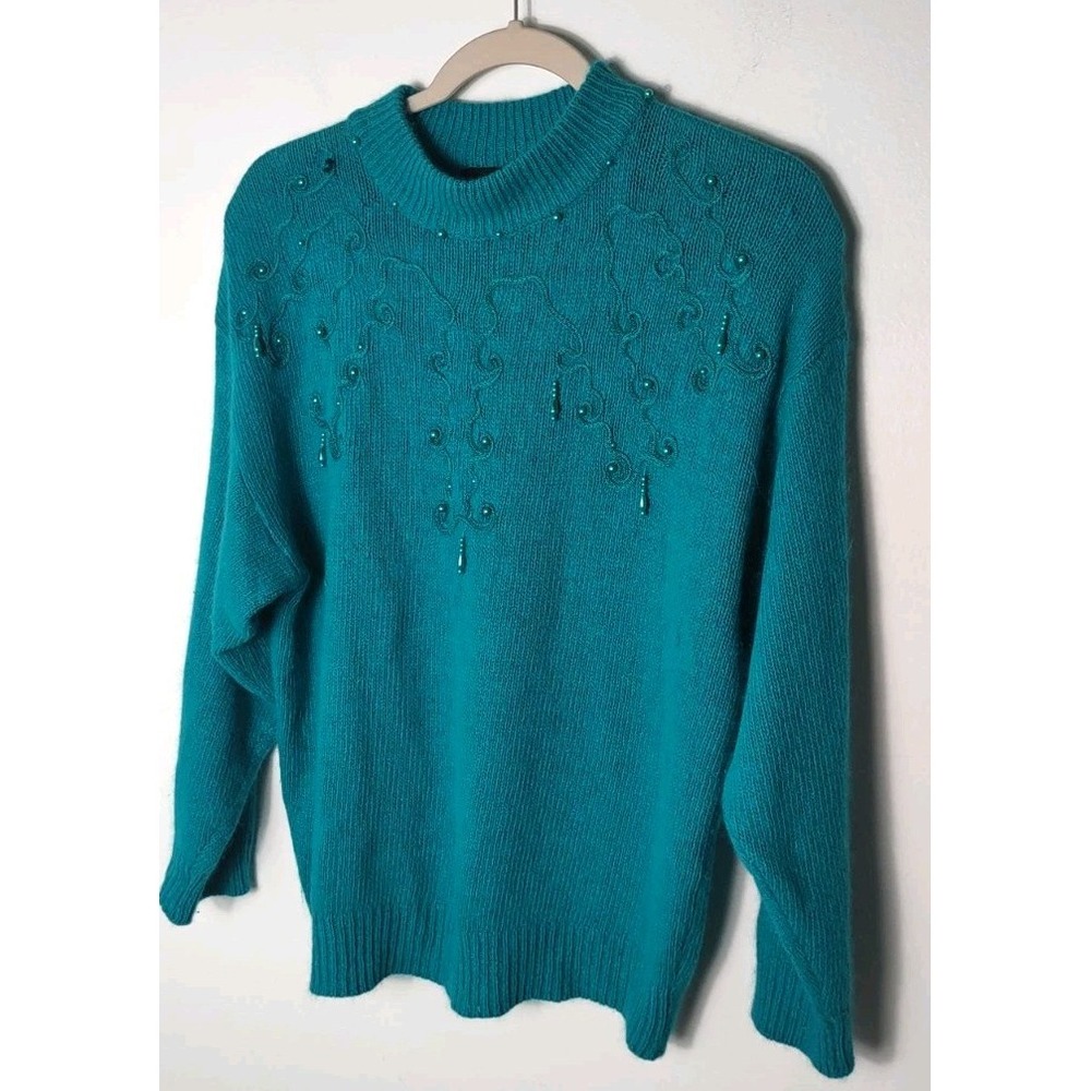 Vintage Silk & Angora Teal teardrop Beaded Knit Mockneck Pullover M embroidery